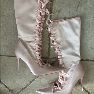 Dolls Kill Pink Lace-Up Stiletto Boots